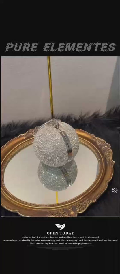 Runway-style Spherical Bag, Silver Full-Crystal Evening Dress Bag, New Women's Small Round Ring Handle Bag, Metallic Texture Evening Clutch