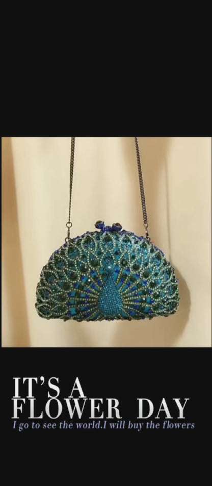 Peacock water diamond bag, hollow metal crystal banquet bag, handmade diamond inlaid bag, European and American women's diamond handbag