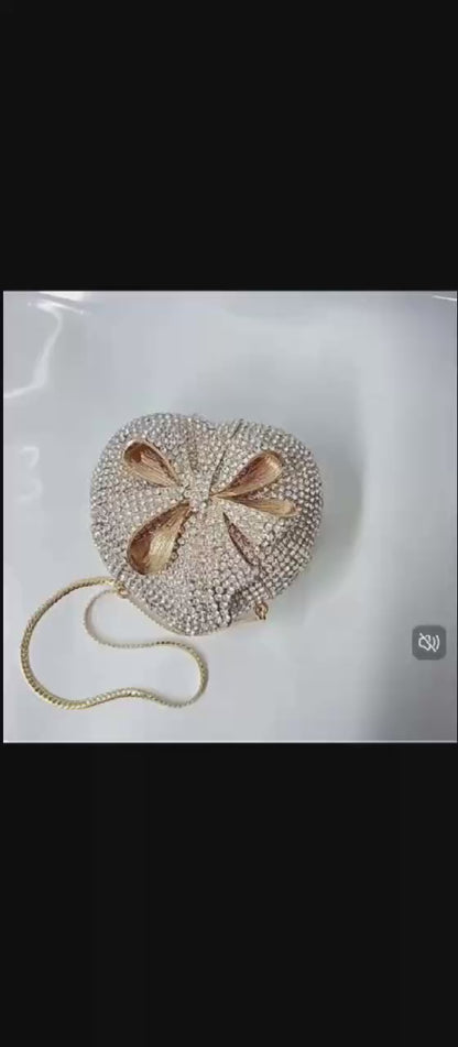 Evening Bow Clutch with Rhinestones in Heart-Shaped Gift Box for Banquets