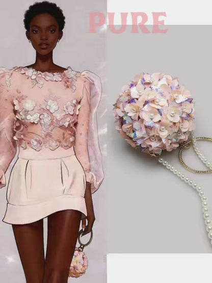 Pink three-dimensional flower bag women's dinner dress catwalk small ball bag high-end mini ring handbag