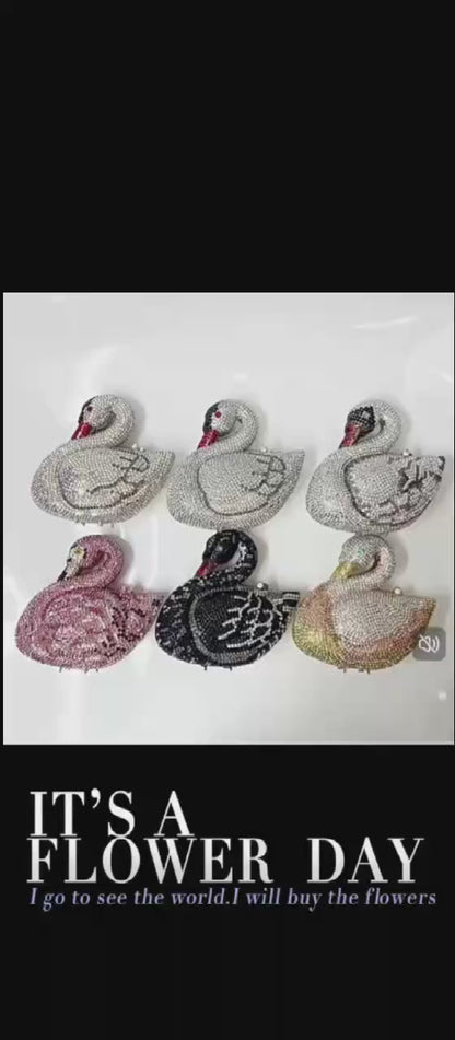 Diamond-Encrusted Swan Evening Clutch — Animal-Themed Full Crystal Handbag with Chain