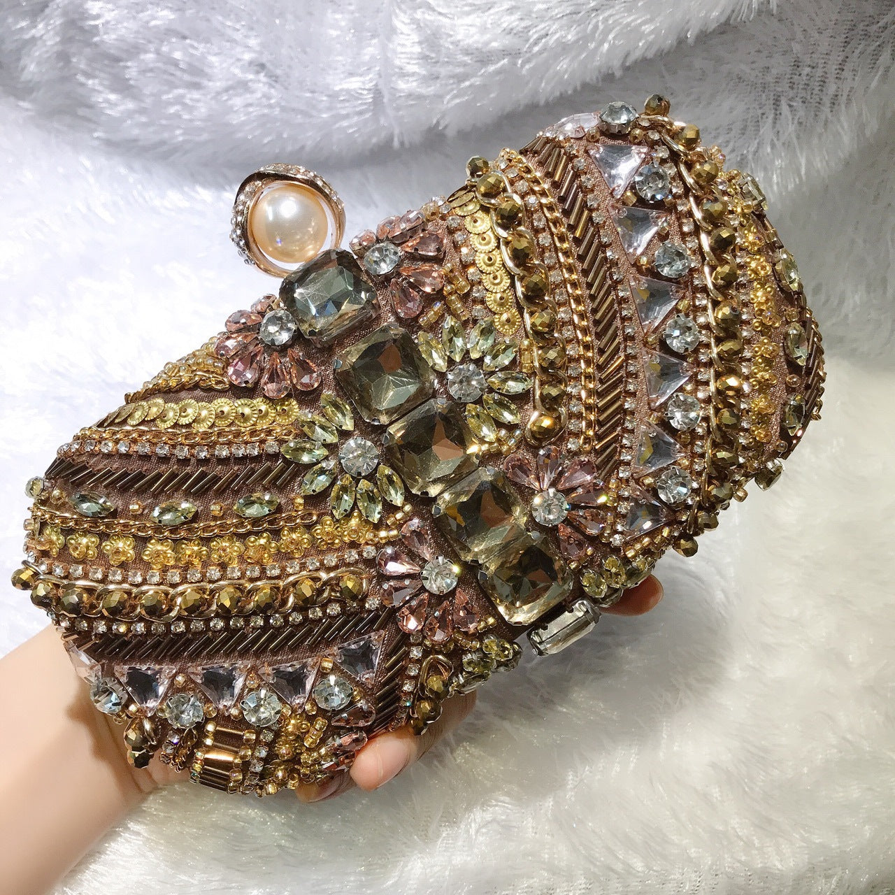 MRY · Coffee gold dinner bag in hand