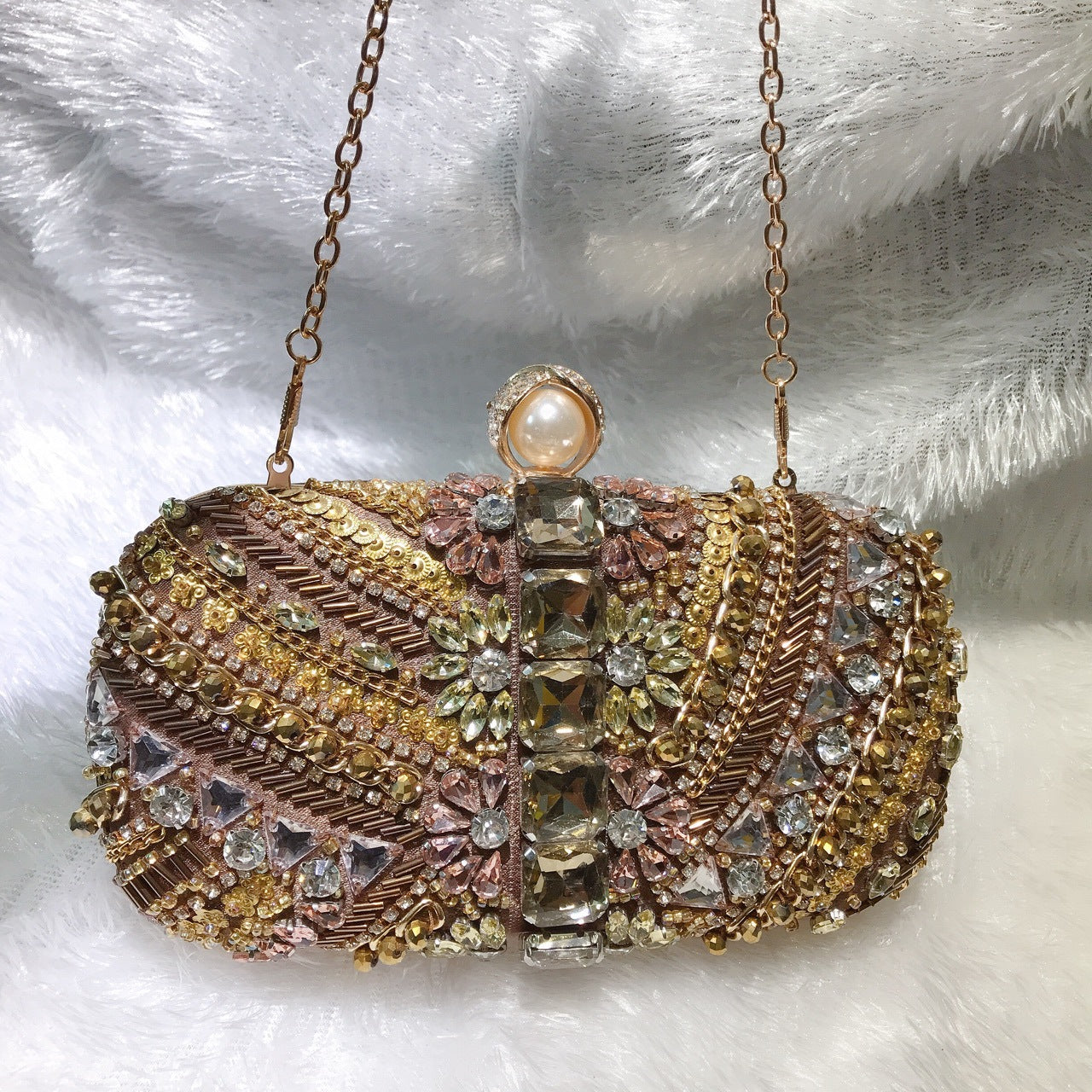 MRY · Coffee gold dinner bag in hand
