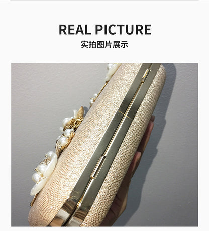 MRY · Diamond-encrusted pearl petal chain fringe dinner bag