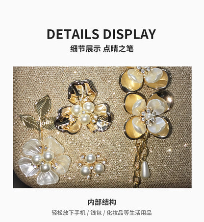 MRY · Diamond-encrusted pearl petal chain fringe dinner bag